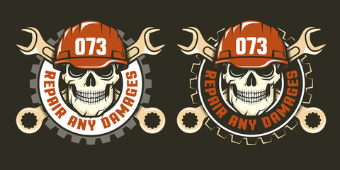 Template of repair service logo - skull in a red helmet with spanners. Two versions on a dark background. Vector illustration.