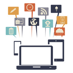 silhouette with tablet and cellphone and laptop with icons dialogue of social networks vector illustration