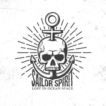 Marine tattoo logo - a skull pierced anchor in retro style. Vector illustration. Worn textures on a separate layer - easy to disable.