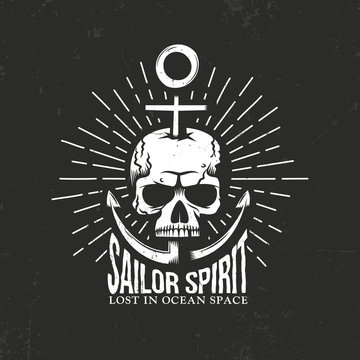 Marine hipster skull emblem with anchor, inscription and Sunburst on a black background. Textures on separate layers, and can be disabled. Vector illustration.