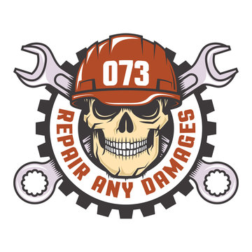 Skull in a red helmet with crossed wrenches - Workshop logo. Vector illustration.