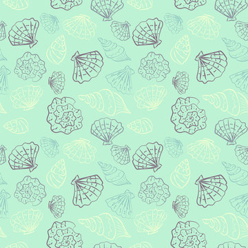 Hand drawn beautiful sea shells, vector illustration. Seamless pattern for prints, textile, wrapping paper etc