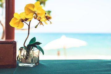 Restaurant table with orchid flower at tropical beach cafe with blurred background during beach holidays
