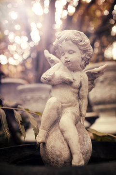 Cupid sculpture in garden, background for Valentine's day. color toned.