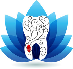 Beautiful abstract tooth illustration, seed and plant from roots, blue overlay flower petals at the background