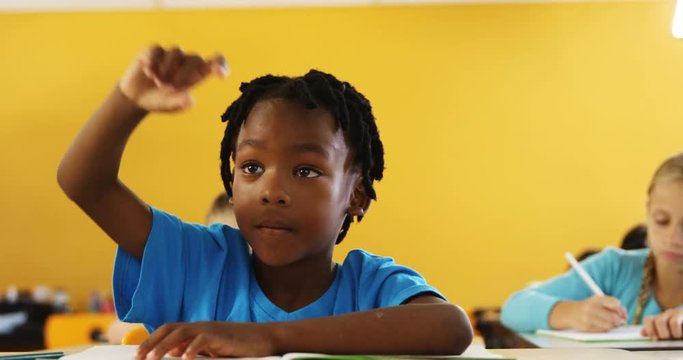 Boy raising hand in classroom