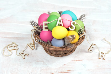 Easter eggs decoration wooden background