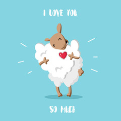 Happy Valentine's day card. .Funny sheep with a cloud in the shape of heart. Flat style. I love you so much. Vector