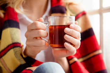 Close up of women covering with plaid and holding cup of tea