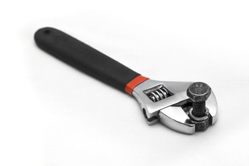 Hand tools, nuts and bolts, white background