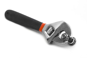Hand tools, nuts and bolts, white background