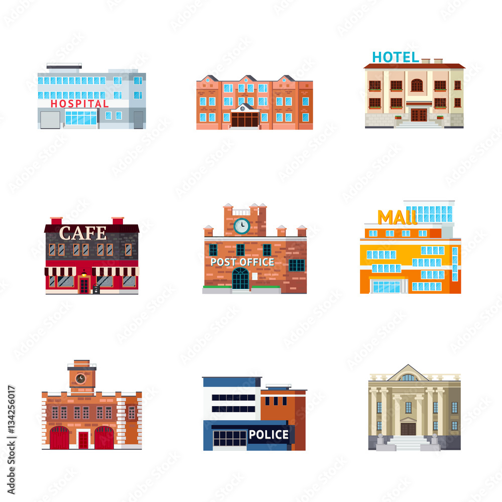 Sticker urban buildings icon set