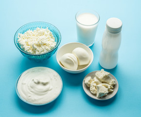 Protein products: cheese, cream, milk, eggs on the blue backgrou