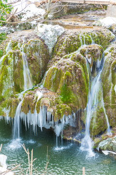 Frozen Waterfall Known As Bigar Located In Bozovici Romania