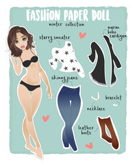 Fashion paper doll with her clothes. Winter collection