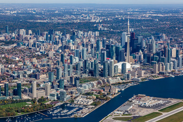 Aerial view of Toronto skyline with waterfront and Toronto Island Airport