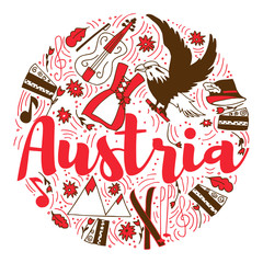 Austria Landmark Travel and Journey Infographic Vector Design. Austria country design template. Template for souvenir Greeting Card, cup, t-shirt, notebook.
