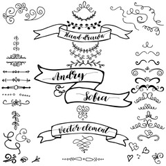 Hand drawn pencil border, frames, ribbon. Sketch design concept. Set borders isolated on the white background.Wedding concept, doodle style.