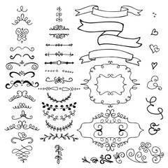 Hand drawn pencil border, frames, ribbon. Sketch design concept. Set borders isolated on the white background.Wedding concept, doodle style.