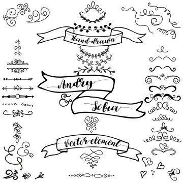 Hand drawn pencil border, frames, ribbon. Sketch design concept. Set borders isolated on the white background.Wedding concept, doodle style.
