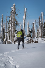 Ein Wanderer erkundet mit Schneeschuhen einen verschneiten Berg bei schönem Wetter