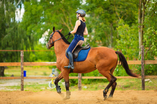 Jockey girl doing horse riding on countryside meadow