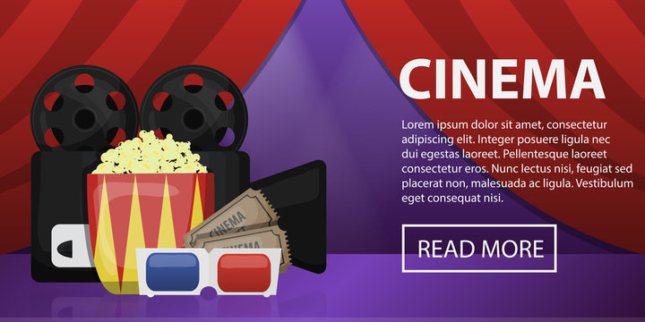 Vector cartoon banner with cinema elements on the purple background. Concept of movie industry and filming.