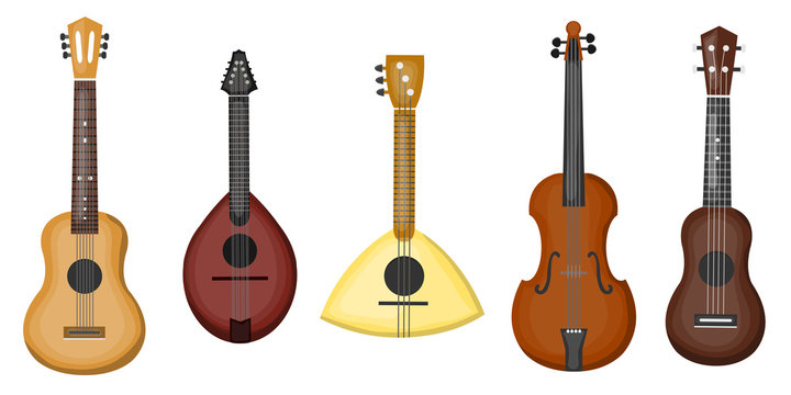 Vector cartoon collection with different type of guitars on the white background. Concept of music and musical instruments.