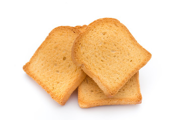 Slices of toast bread on wooden table, top view.