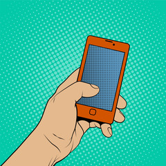 Smartphone in hand illustration in pop art style