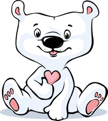 Cute Polar Bear hold heart sitting isolated on white background - valentine day vector cartoon illustration