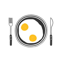 Scrambled eggs, omelet on the plate. Tasty breakfast. Vector illustration, isolated, on white background