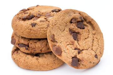 Chocolate chip cookies isolated on white background.