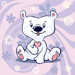 Polar Bear hold hear sitting on abstract floral purple vector background - cartoon  illustration, valentines day