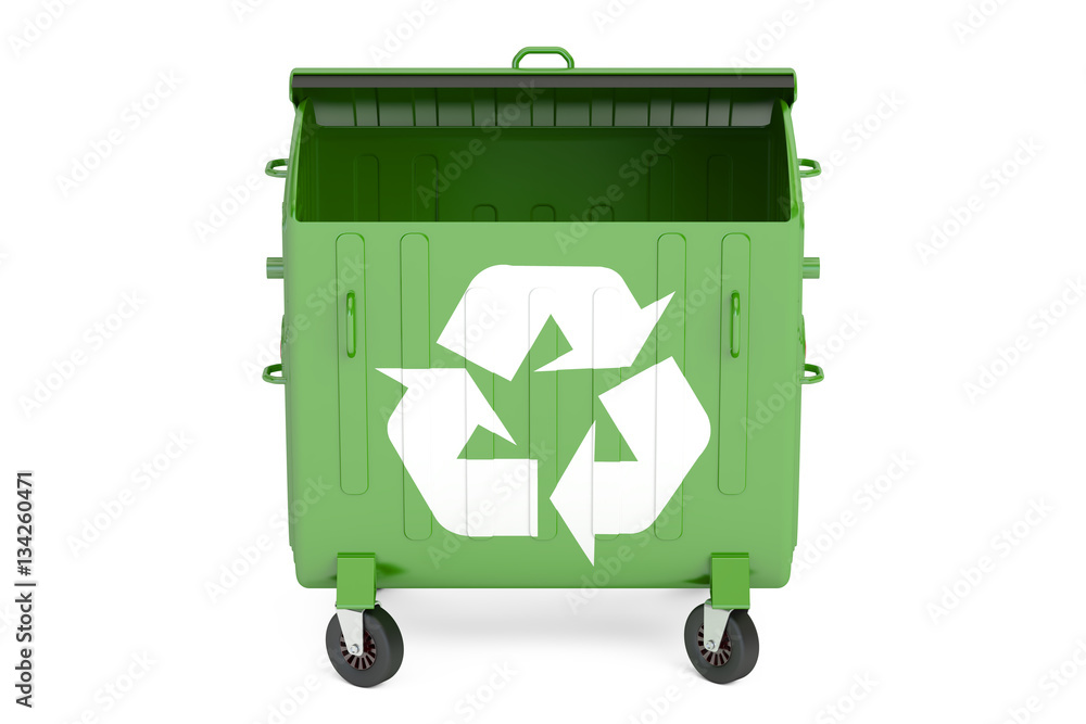 Poster opened green garbage container, 3d rendering