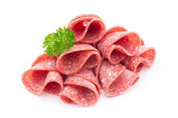 Salami sausage slices isolated on white background.