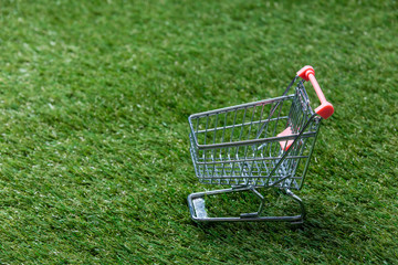 Self-service supermarket shopping trolley cart on spring or summ
