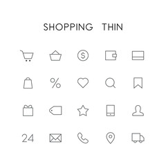 Shopping thin icon set - cart, basket, money, wallet, credit card, heart, search, favorites, gift, price, phone, mail, car and others simple vector symbols. Internet store and shop signs.