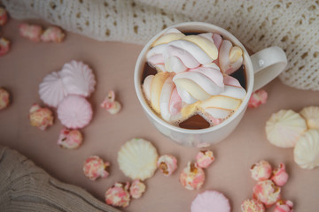 Hot chocolate drink with marshmallow, beze, popcorn