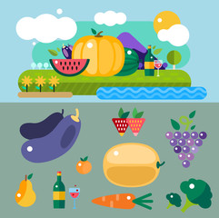 Set of colorful cartoon fruit icons vector illustration.