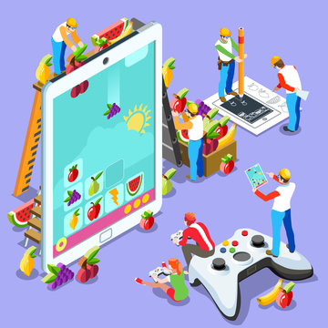 Video game UX development. Web gamer person gaming online with console controller android phone or computer. 3D Isometric People icon set. Creative design vector illustration collection
