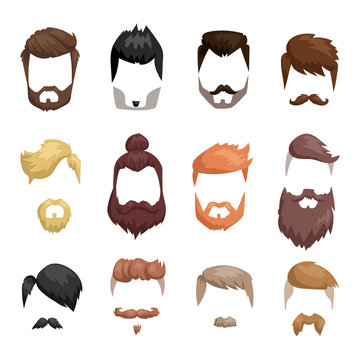 Hairstyle beard and hair face cut mask flat cartoon vector.