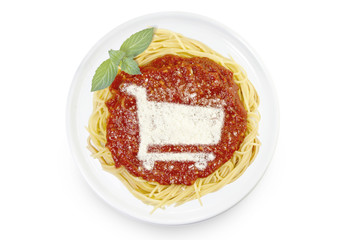 Dish of pasta with parmesan cheese shaped as a shopping cart.(se