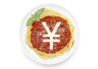 Dish of pasta with parmesan cheese shaped as a Yen or Yuan symbo