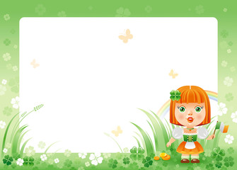 Happy Saint Patrick day. Irish dress baby girl border corner, isolated white background. Shamrock clover frame, rainbow, green grass. Traditional for Northern Ireland celtic holiday. Template poster.