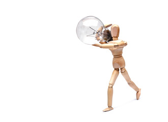 Wood Figure Mannequin carrying an incandescent light bulb / New idea concept