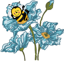 Happy bee sitting on blue flower