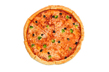 Delicious italian pizza with seafood, vegetables and cheese