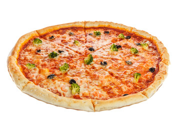 Delicious italian pizza with seafood, vegetables and cheese