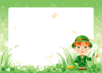 Happy Saint Patrick day. Irish dress baby boy border corner, isolated white background. Shamrock clover frame, rainbow, green grass. Traditional for Northern Ireland celtic holiday. Template poster.